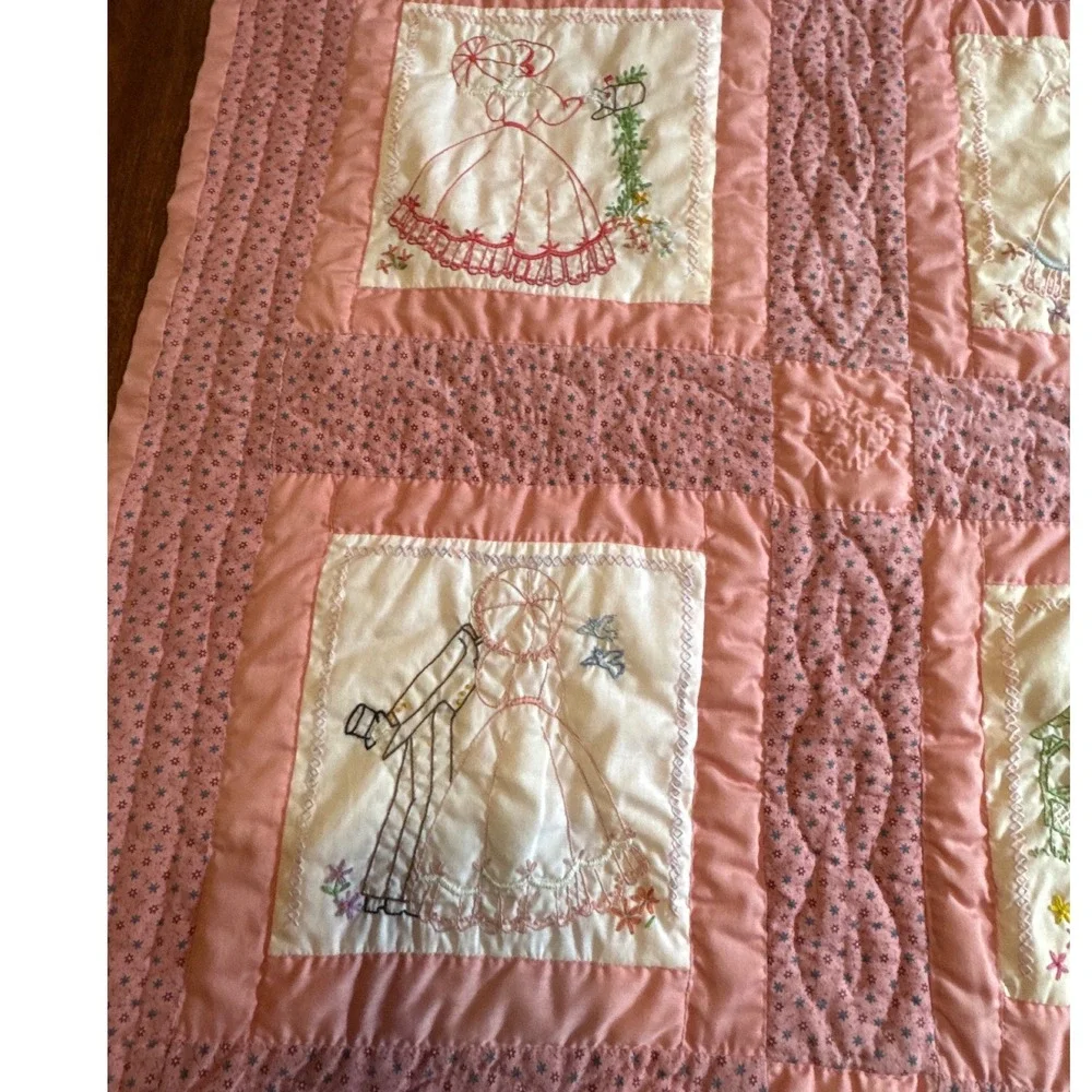 Vintage Pristine Handmade Baby Crib Quilt, Pink Embroidered Nursery Heirloom